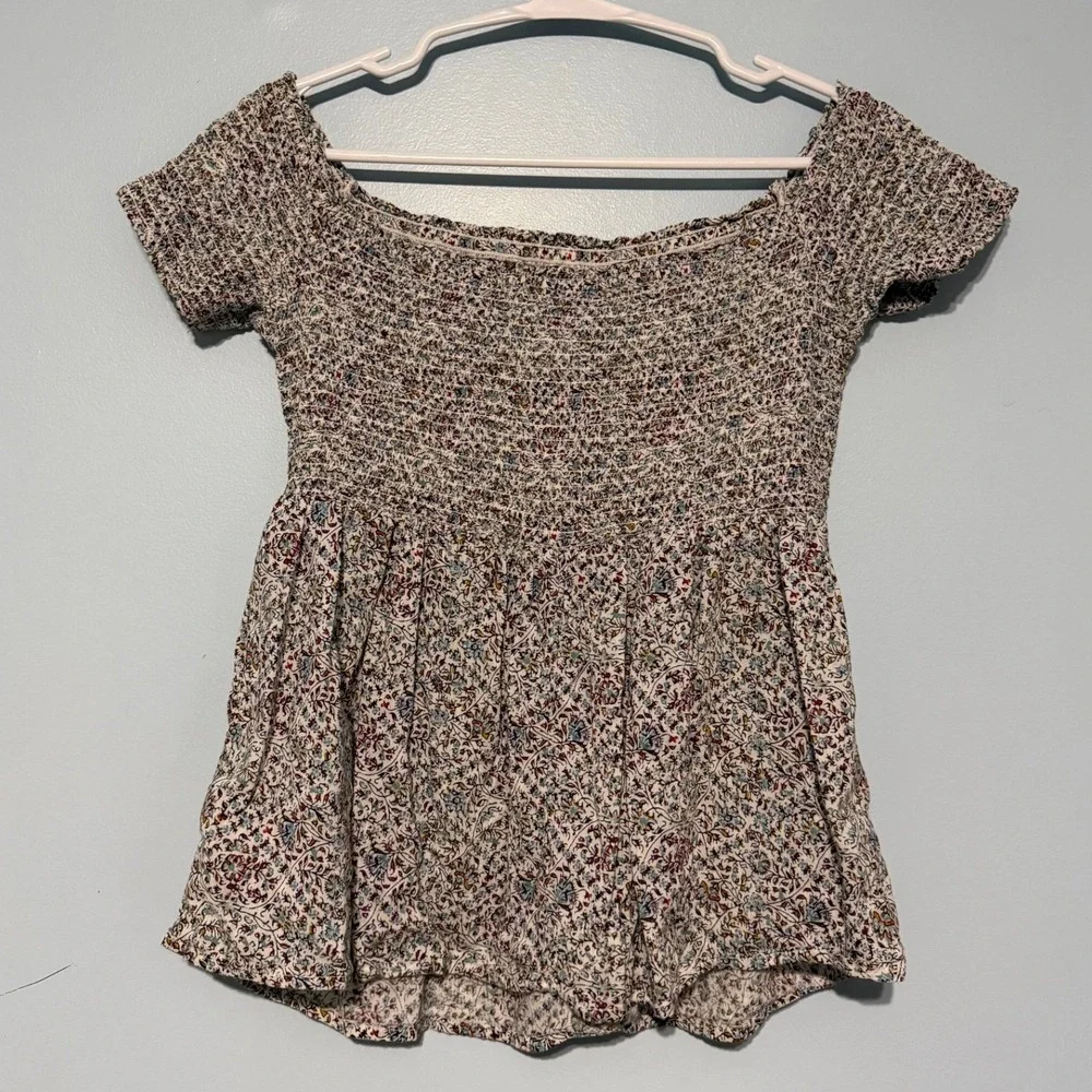 Old Navy Women's M Smocked Off The Shoulder Floral Peplum Top Blue Purple 1558